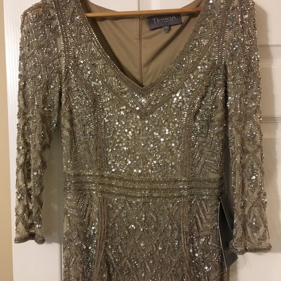 Theia Silver Nude 3/4 Sleeve Sequin Crepe Gown - Picture 1 of 8